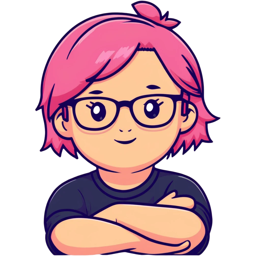 Pink-haired girl with glasses crossing her arms with a slight smirk emoji