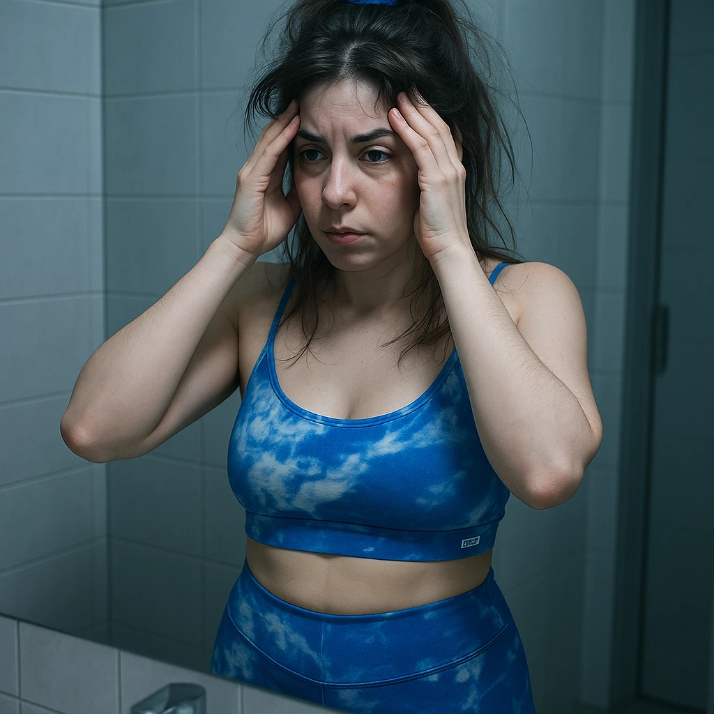 A slender woman in 4K, in front of the bathroom mirror, looking at herself with a tired gaze, massaging her temples, with messy hair and cold lighting, inspired by the reference photo. emoji