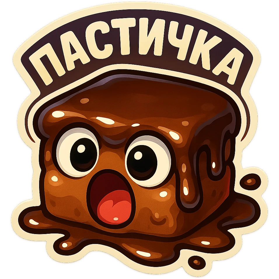 Rectangular chocolate mini pastry, slightly messy and squished, chocolate dripping, big round eyes, wide open mouth, playful surprised expression, text above: "ПАСТИЧКА", chibi style, Twitch emoji style, transparent background, colorful

 emoji