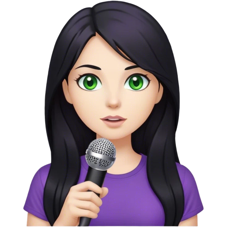 Woman with long black hair and green eyes with a purple top holding a microphone emoji
