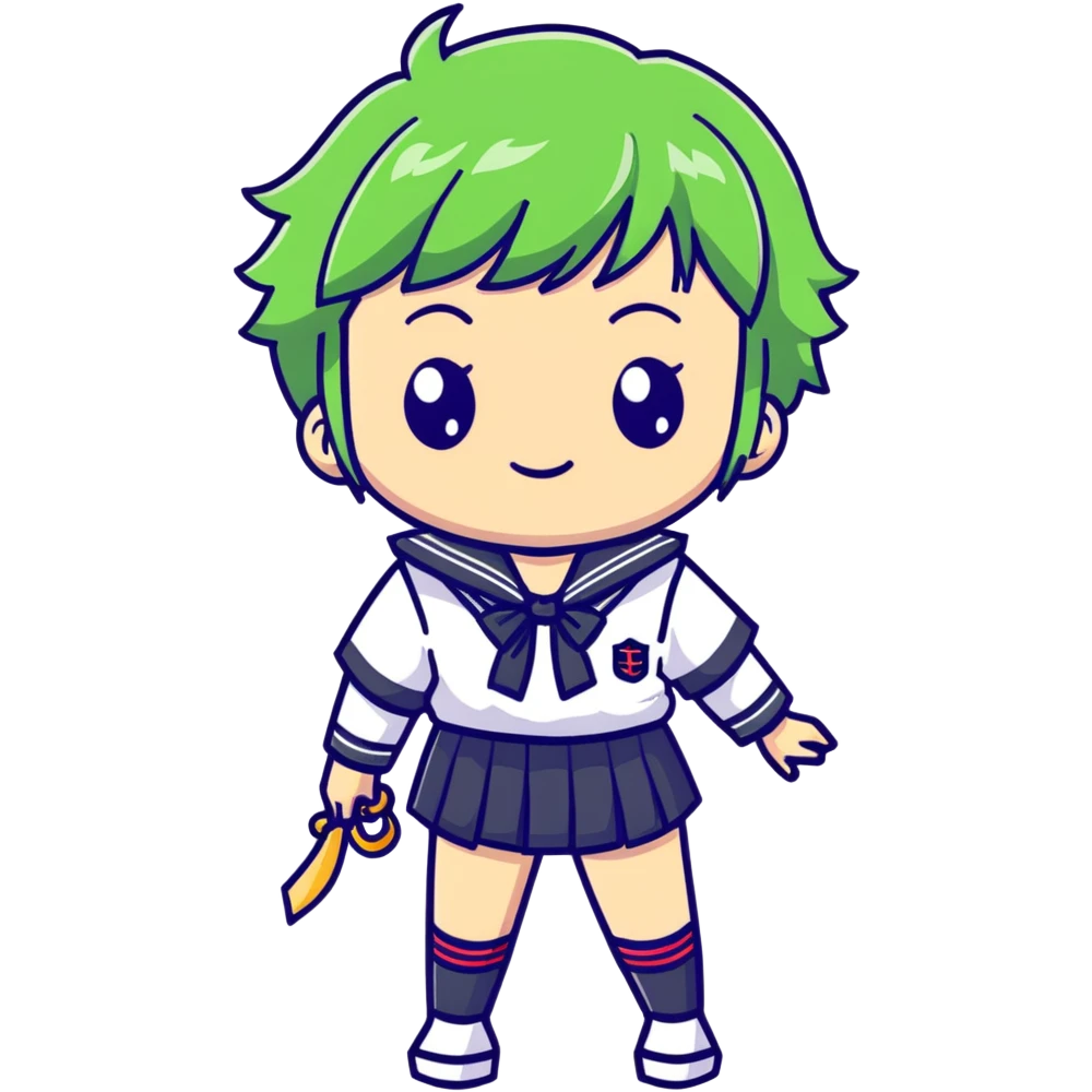 Mischievous anime girl with green short messy hair wearing Japanese sailor style school uniform, smirking and plotting, kawaii style emoji