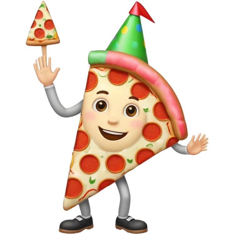 Pizza slice smiling with part hat on and waving while walking emoji