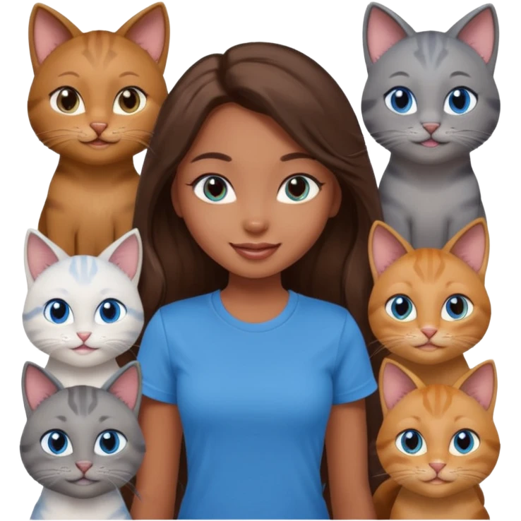 a pretty bratz dusky girl with long brown hair, blue eyes with six cats nd wearing a grey tshirt emoji