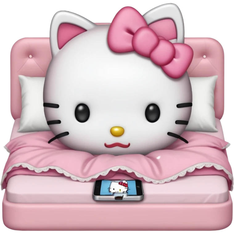 hello kitty tucked into bed on her phone emoji