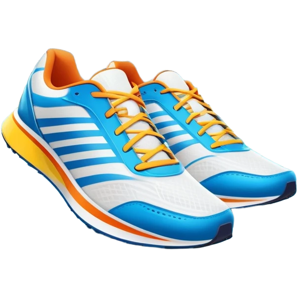 Running shoes placed on a professional track, ready for a sprint. The vibrant background features a stadium with cheering fans, a bright blue sky, and a digital timer displaying race time. Motion lines emphasize speed and energy. Transparent background highlights the athletic spirit. emoji