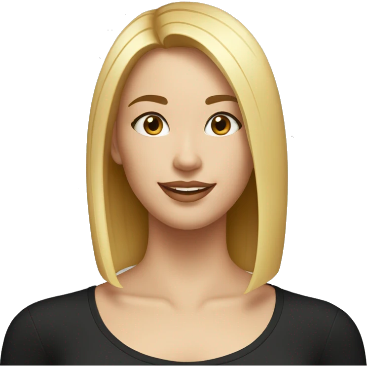 Beautiful girl in a black shirt with short straight blonde hair, thin lips, thin eyebrows, smiling.  emoji