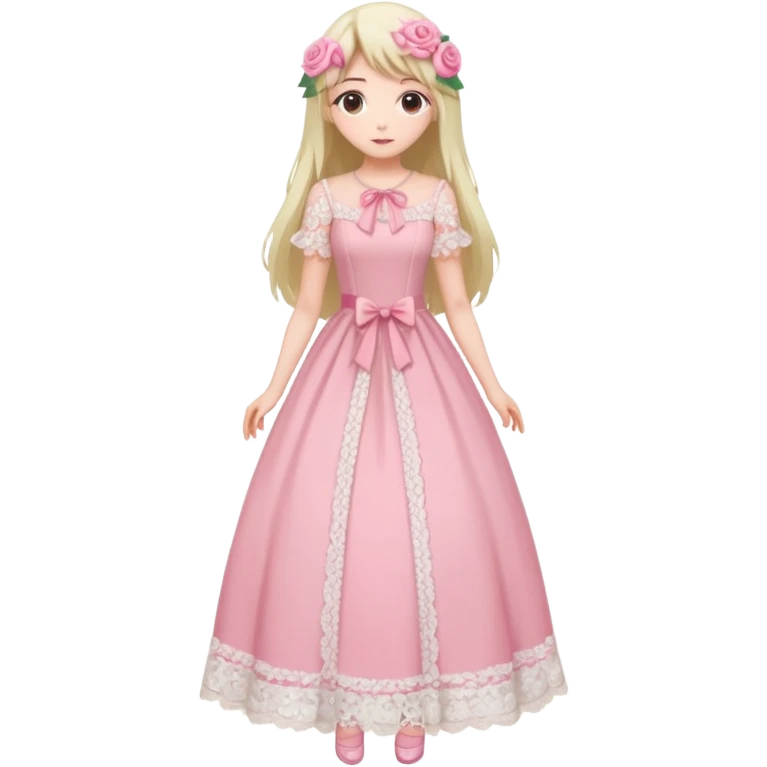 pastel anime woman with pink and white lace dress full body and long hair with roses emoji