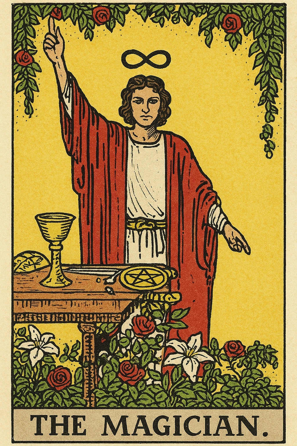 The Magician tarot card in Rider Waite Smith style, featuring a robed figure with one hand pointing to the sky and the other to the earth, surrounded by symbols of the four suits, mystical and classic tarot illustration look, white background emoji