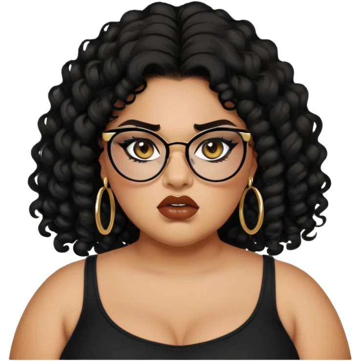 angry, teen big plus size, latina, darker tan skin, natural lipgloss, small gold hoops, long black curly hair, baddie,pretty, makeup, black eyeliner, black top, black glasses emoji
