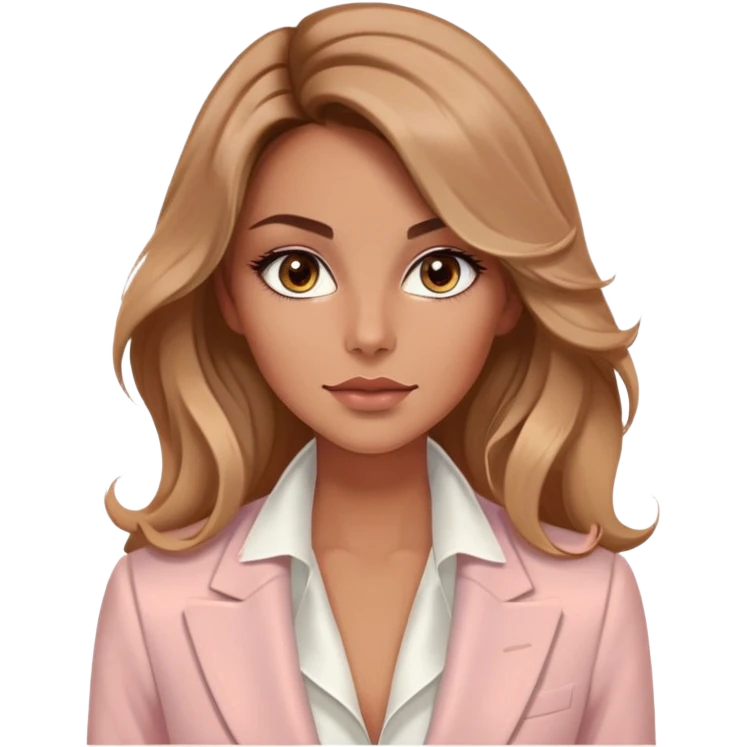 A 30-year-old woman with tanned skin, light brown long wavy hair, delicate face, almond-shaped eyes with smoky foxy eye makeup, brown eyes, wearing a light pink blazer and white satin cowl neck blouse with thin straps emoji