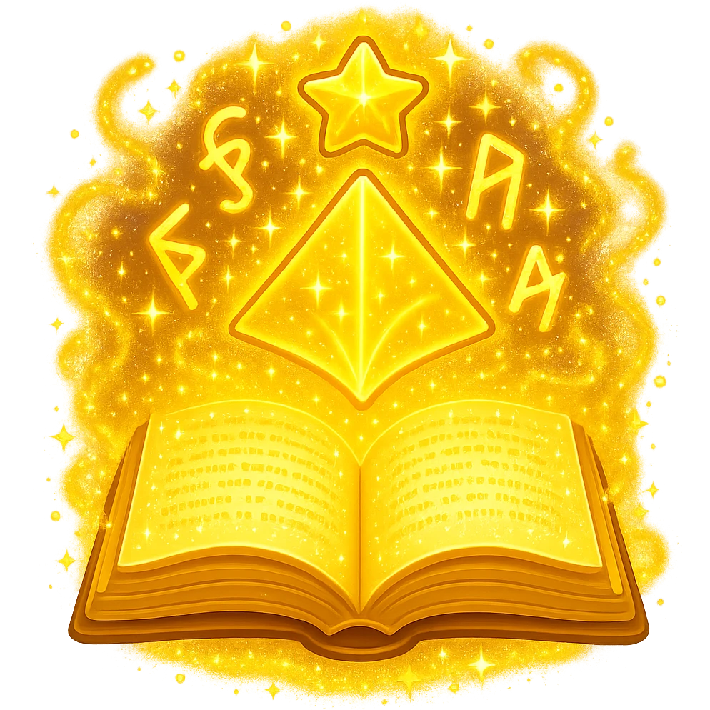 Make the mystic yellow book even more magical with sparkling magical energy, enchanted symbols, glowing effects, and a whimsical magical aura. Style it to resemble an apple emoji style. Keep no background. emoji