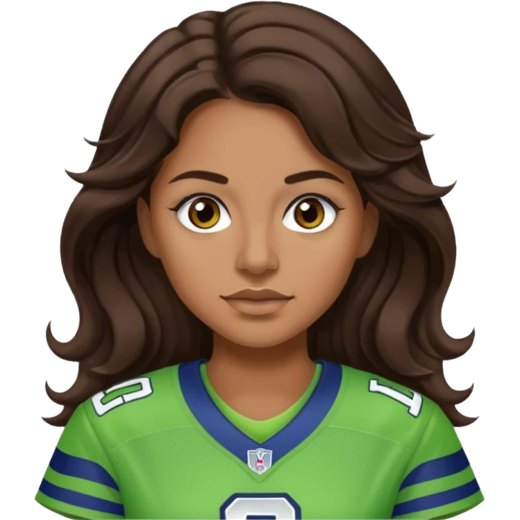Long wavy Dark brown hair, brown eyes with small nose ring of seahawks fan women emoji