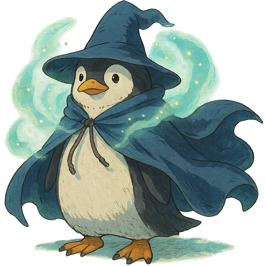 penguin wizard with a flowing cloak and magical aura emoji