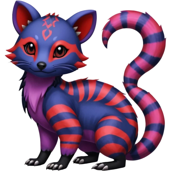 Rare warm-colored exotic gloomy tropical edgy cute epic aesthetic spooky indigo violet white black red gothic colorful Salandit-Furret-Civet-species-Fakemon-hybrid-creature, with tribal tattoo markings, full body emoji
