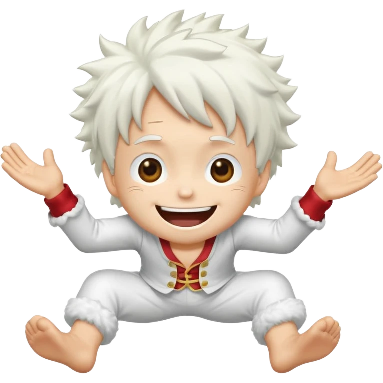 a joyful cartoon-style emoji of Luffy as a laughing character with wild, fluffy white hair, and a glowing white outfit. The character should have a big open smile, one hand on its face in laughter , and be in a dynamic mid-air pose with bent legs, as if carefree and floating. emoji