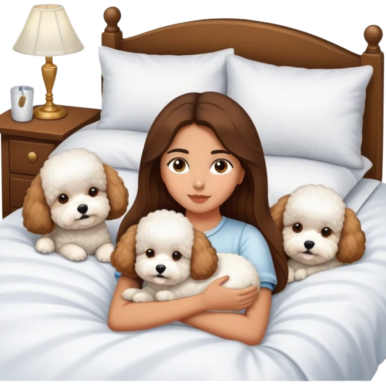 Olive skin girl with long brown hair in bed with three white bichon frise's in bed emoji