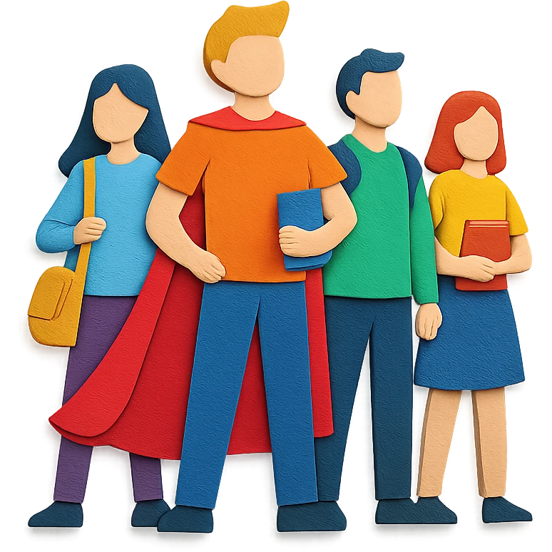 group of confident students standing tall, looking heroic emoji