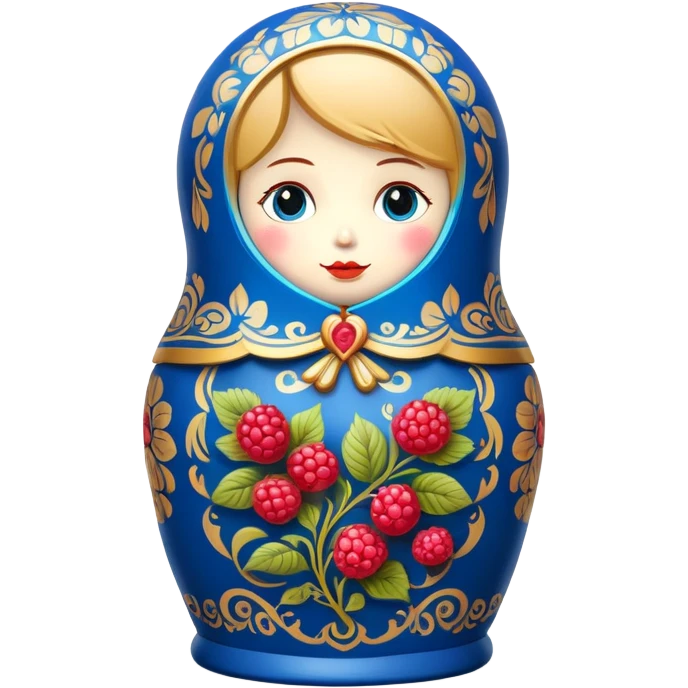 blue khokhloma-painted matryoshka doll with raspberries inside emoji