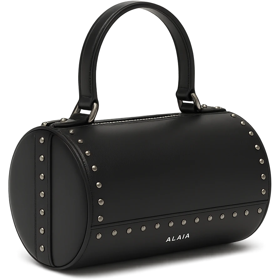 Alaïa Teckel bag, luxury designer handbag, cylindrical shape, signature studded details, elegant leather, minimalist, high fashion, on white background emoji