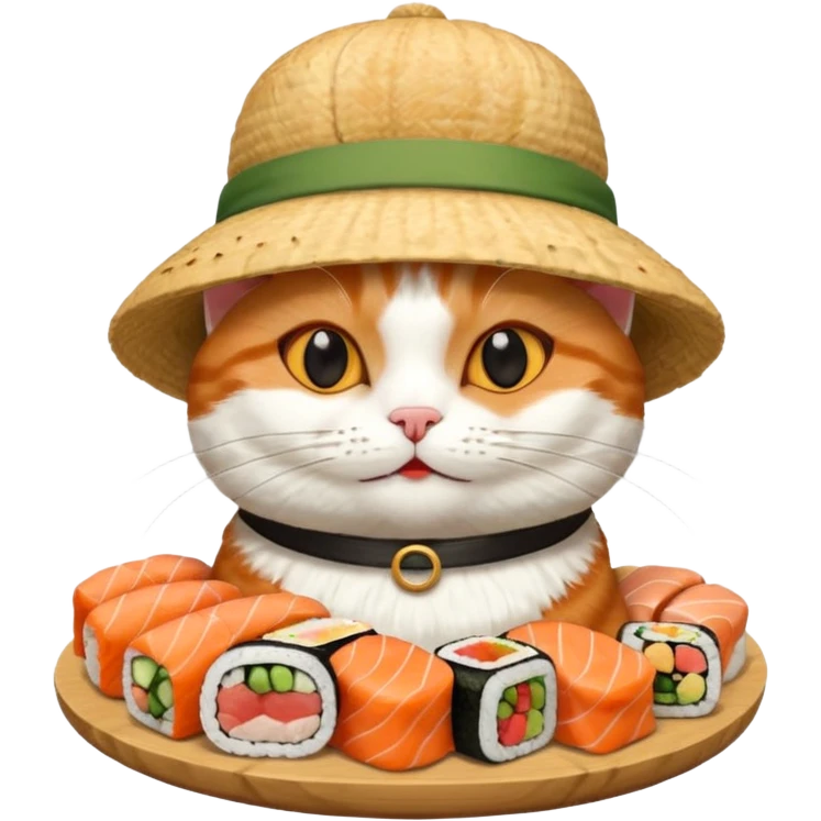 happy cat wearing a hat made out of sushi emoji