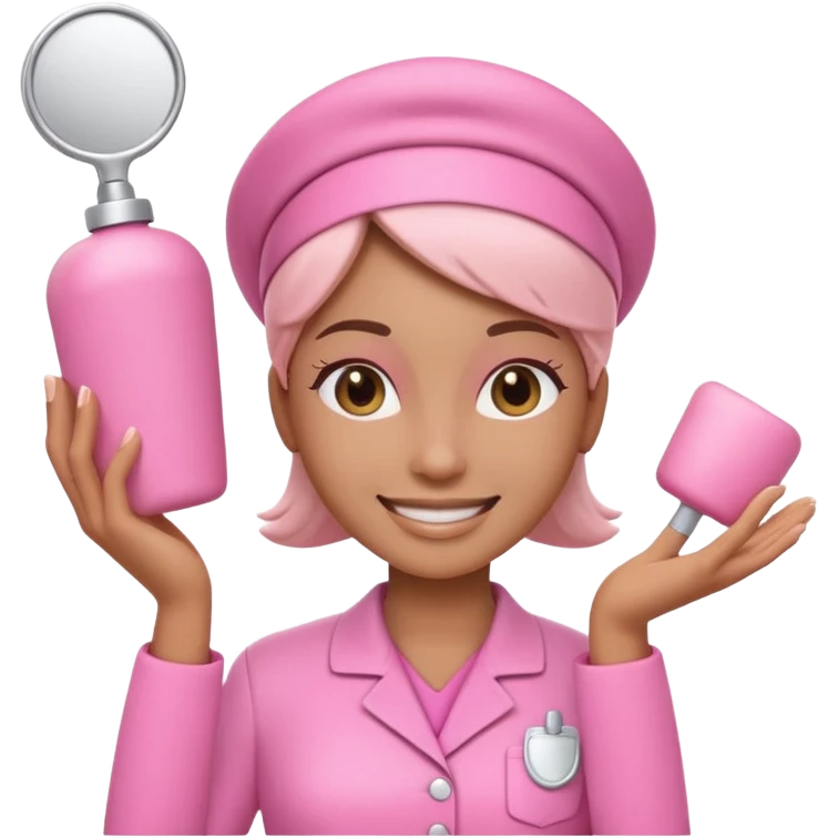 3D emoji of an esthetician wearing a pink uniform and smiling in a clean beauty studio emoji