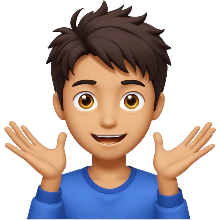 3D cartoon male character with big expressive eyes, messy dark hair, playful smile, energetic personality, vibrant K-pop animation style." emoji