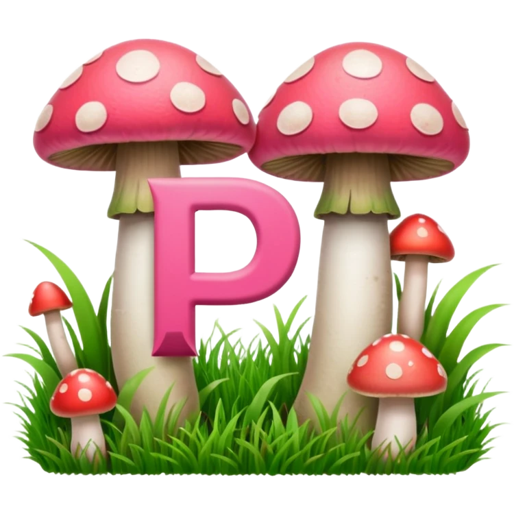 Double letter P, pink and green, with grass growing, mushrooms around emoji