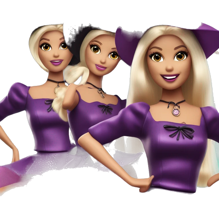 three photogenic silkstone Barbie witches enchanted TV series flying on a broomstick  emoji