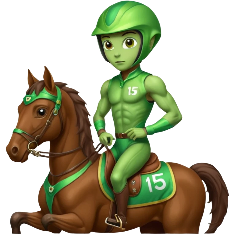 alien riding horse wearing racing cloth with number 15 emoji