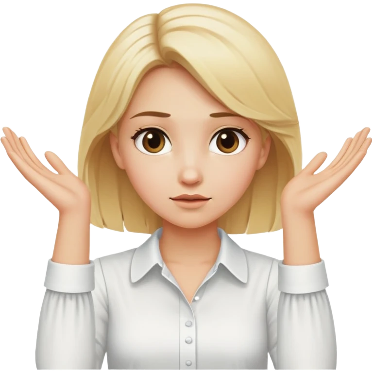 a blonde girl in a white blouse spreads her arms and literally shows the phrase "I don't know" emoji