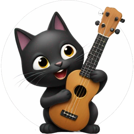 A black cat playing the ukulele white background emoji