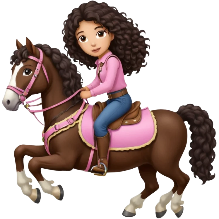 Realistic mixed race girl with long dark brown curly hair, riding a big shire horse, wearing pink harness and saddle  emoji