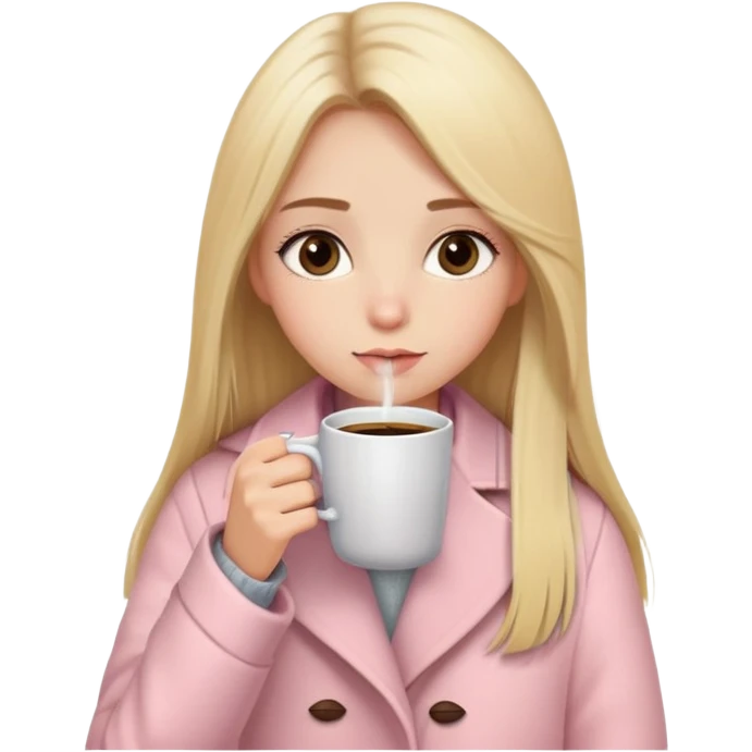 Long blonde straight hair girl drinking coffee, small brown almond eyes, with a soft pink cozy coat emoji