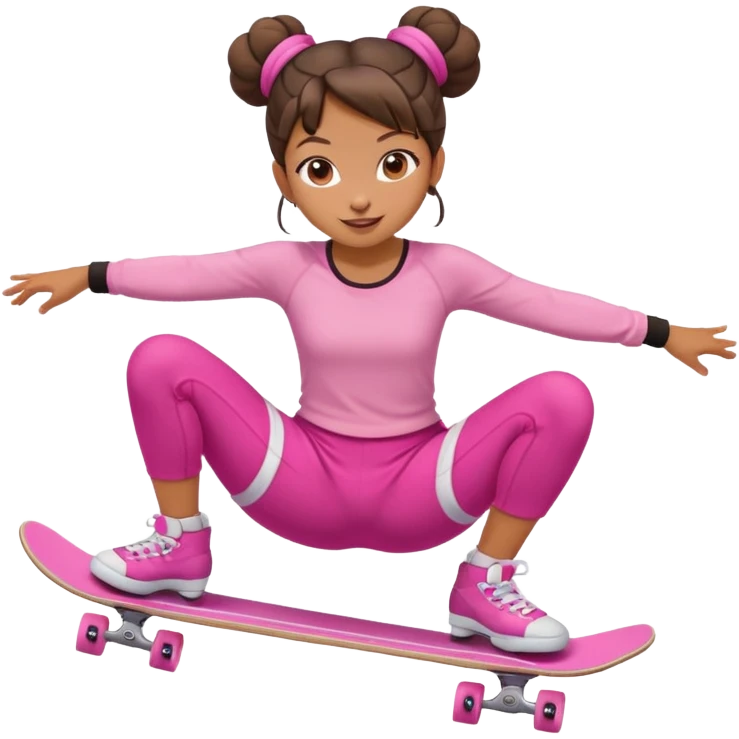 Cute skater girl with two buns and pink outfit, gliding with playful energy. emoji