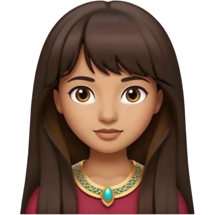 In Apple Memoji format, a girl with dark brown hair. She has bangs and her hair is long. The girl has light brown skin and arab ethnic features emoji