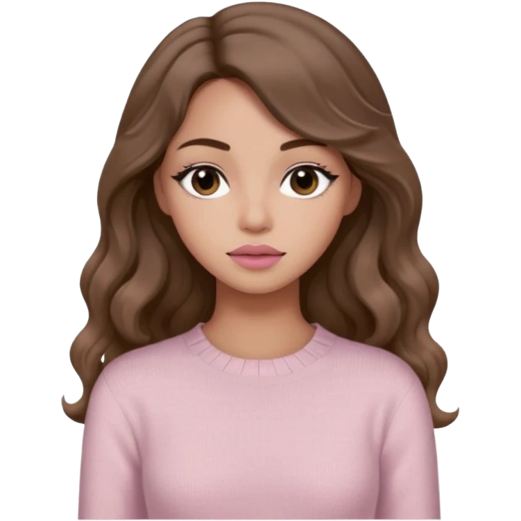 a woman with beige knit long sleeve top, her hair is long wavy brown hair, her face is soft girl style, her eyes color are black and the color of her lip is soft pink emoji