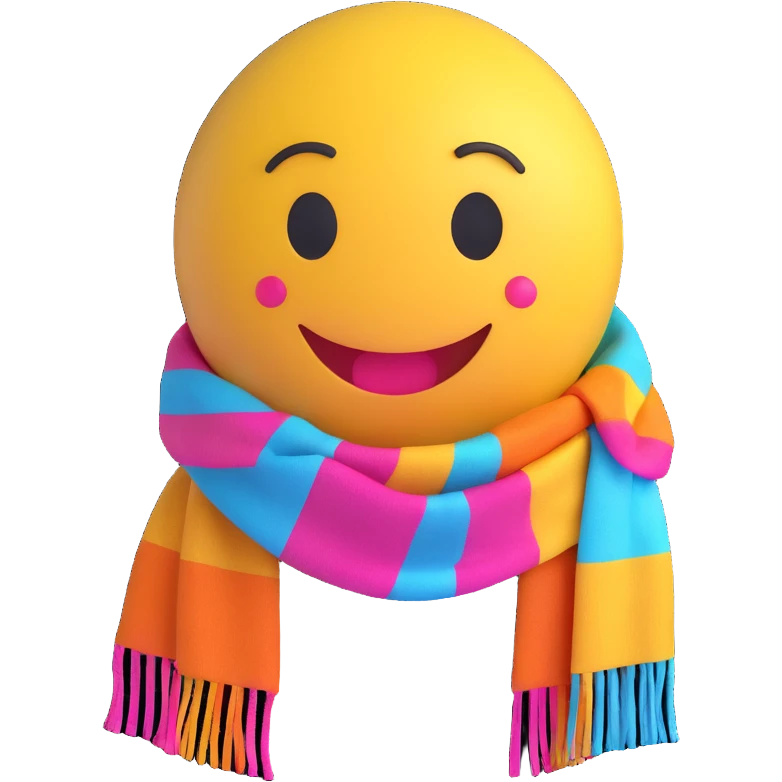 3D smiley emoji, large eyelashes, girly, colorful scarf, happy emoji