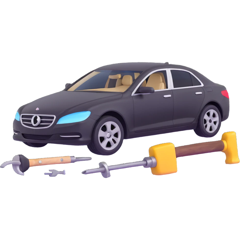 luxury car with dent repair tools like a lever and small hammer, elegant and modern emoji