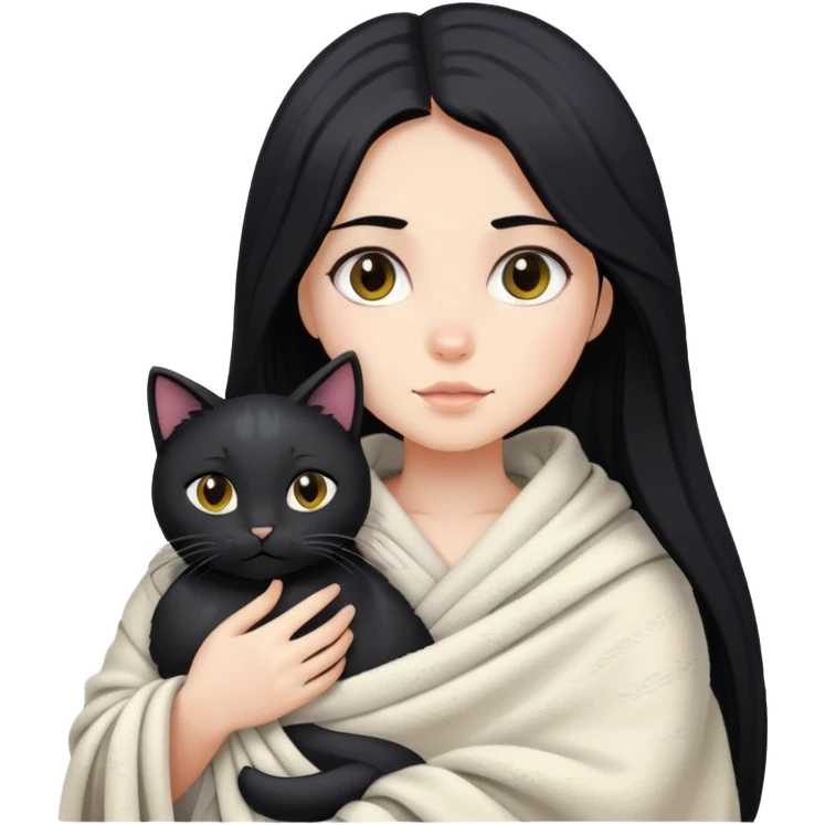 A girl with fair skin, long black hair, just got out of the shower, wrapped in a blanket and holding a black cat emoji