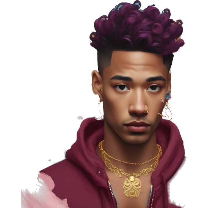Vintage painting swirls gold jewellery baroque raven wings angel tropical Deep pink maroon burgundy cyan dark hoodie man vitiligo dyed hair gold piercings nose piercing ear piercings emoji
