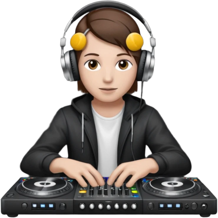 White skin dj mixing with dj booth, headphone on head, no cap, not bald, brown hair  emoji