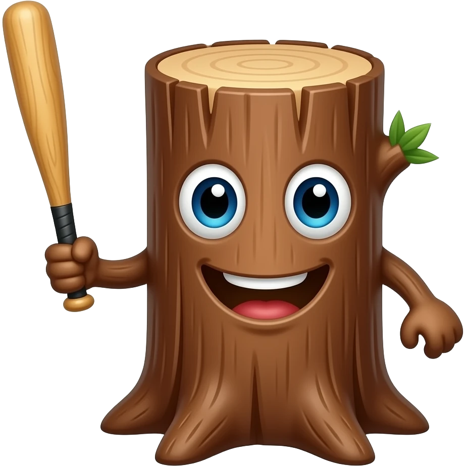 a log of wood standing up with a face holding a bat emoji