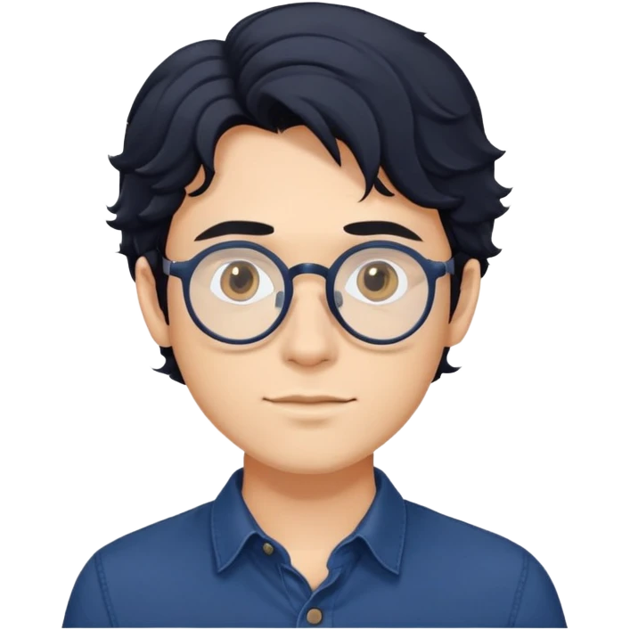 Torso view of young man with longer wavy black hair, round glasses, dark blue casual buttoned shirt emoji