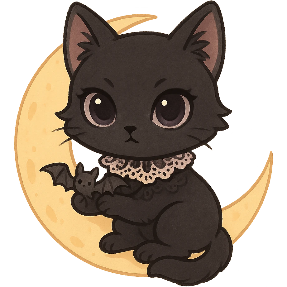 gothic cat, chibi style, pastel palette, black fur, lace collar, big eyes, cute but mysterious, holding a tiny bat, sitting on a crescent moon emoji