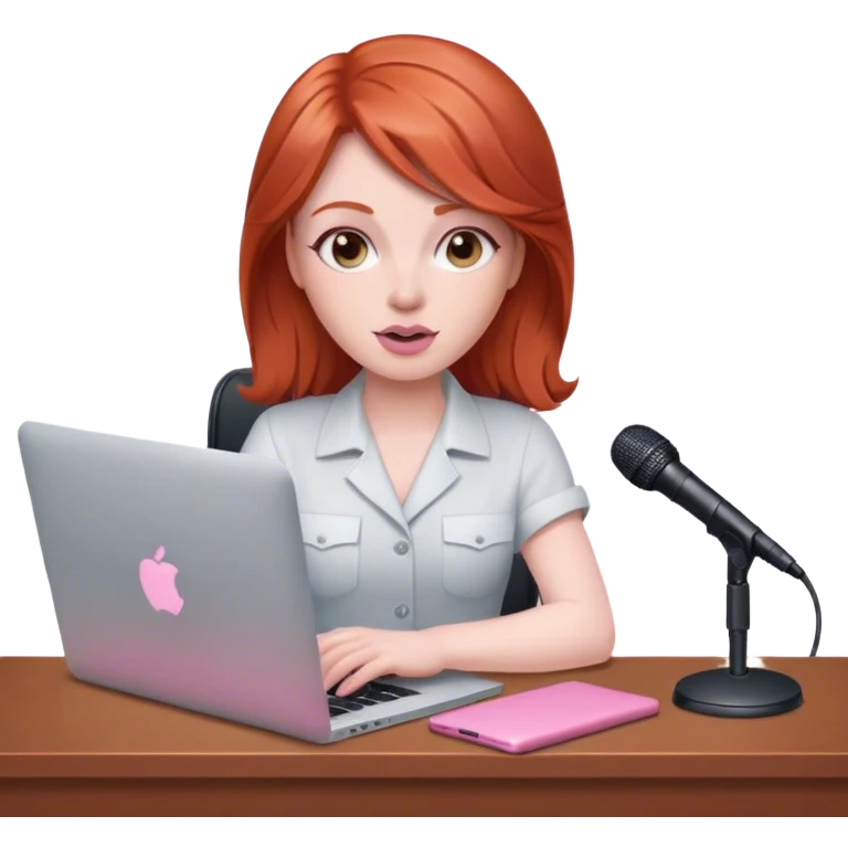 Redhead sat at desk with pink MacBook and microphone  emoji