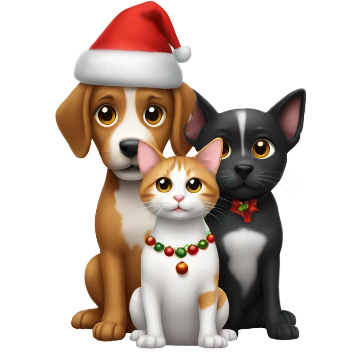 A dog and two kitties with Christmas hats emoji