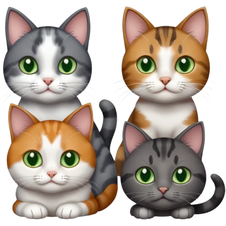4 different coloured small cats including a dark grey and white, and a patchy calico, and a brown tabby and white,  and a completely solid dark grey with green eyes and only white paws emoji