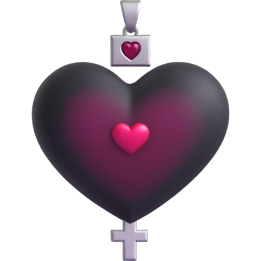 3D emoji gothic heart, black velvet texture, silver cross charm, dark ruby center emoji