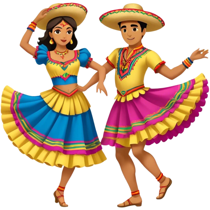 Cinematic Realistic scene of two dancers performing Cumbia, adorned in colorful traditional Colombian costumes with intricate details, captured in rhythmic motion with lively, festive lighting emoji