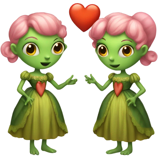 a green alien woman in Victorian orange dress, pink hair,holdig, red big hearth, full body emoji